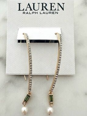 Lauren Ralph Lauren Gold Tone Erinite Pearl Baguette Threader Earrings